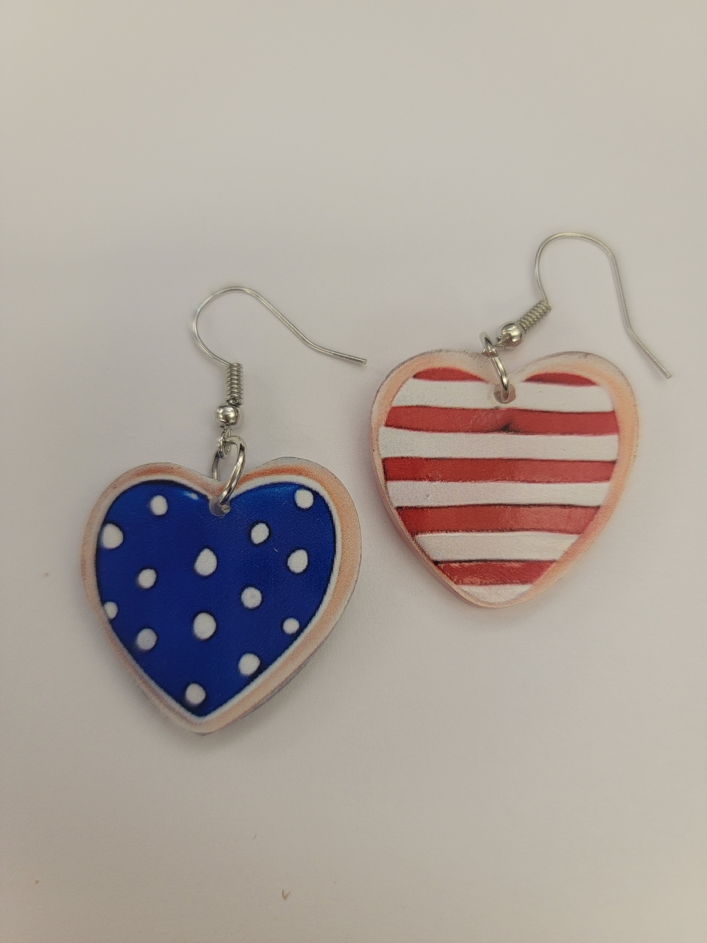 Patriotic Heart Drop Earrings - Blue Polkadot & Red Stripe